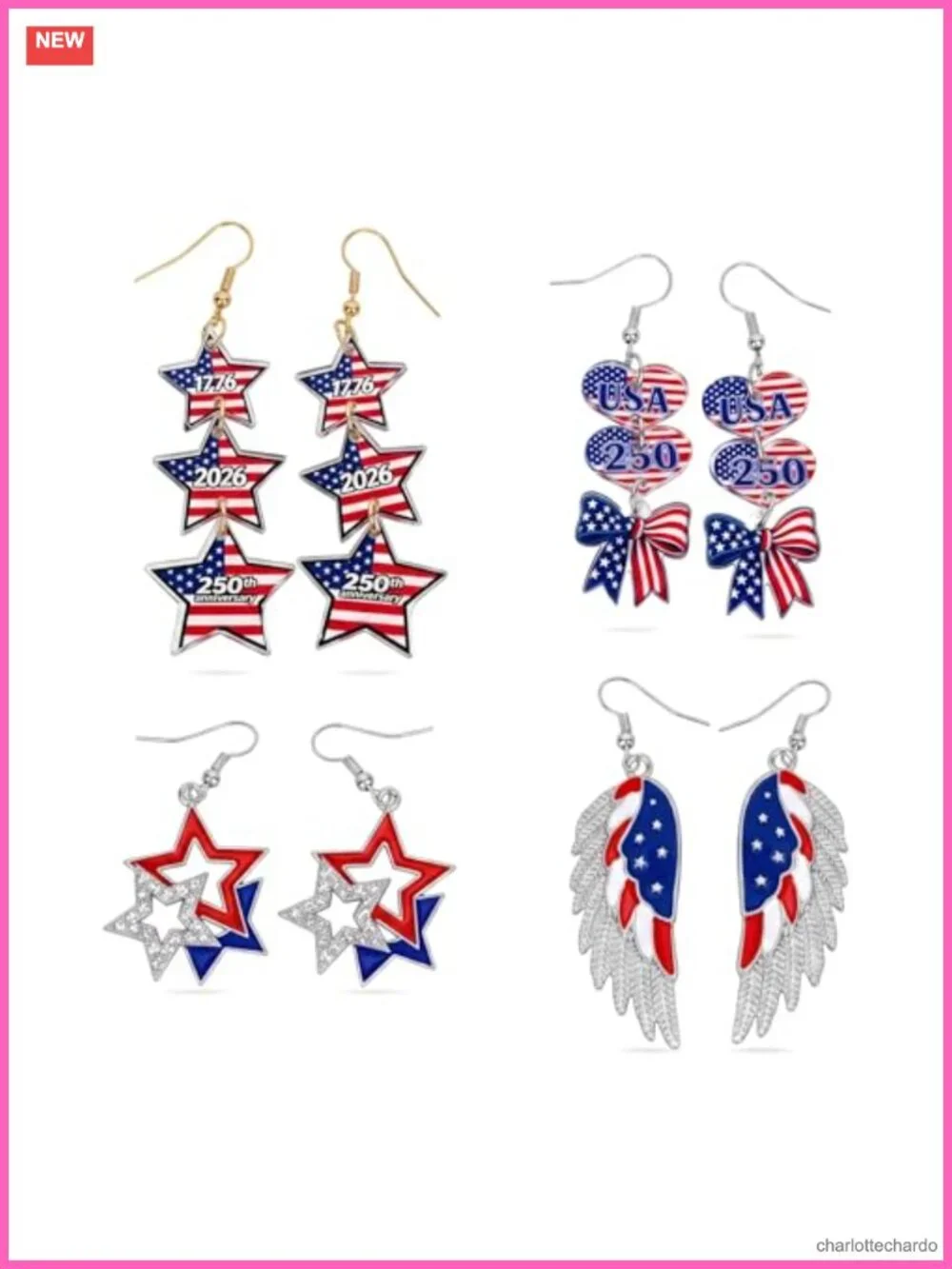 Patriotic Earrings Set 4 Pairs Acrylic July 4th America 250